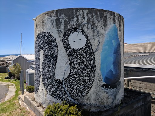 Bicheno critter mural on water tank by Jonny Scholes