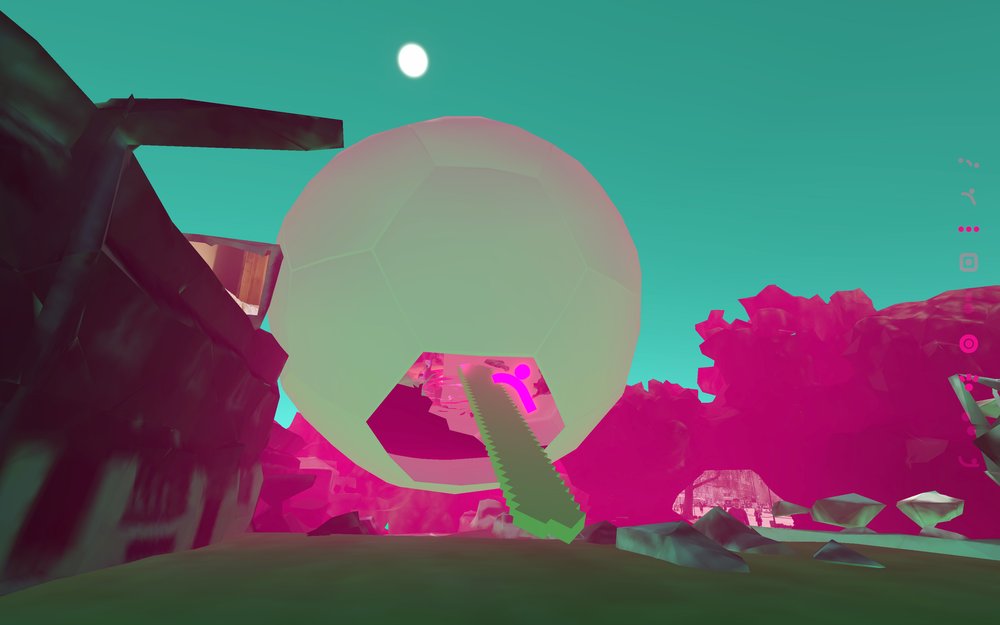 In-game screenshot of INSIDE with the player looking at a large soccer ball with a ramp leading into it.