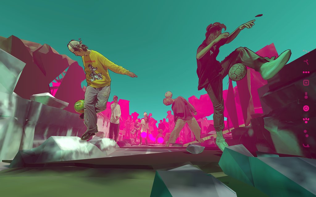 In-game screenshot of INSIDE with the player looking up a street filled with freestyle players.